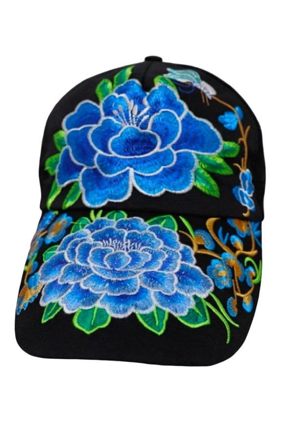 Boho Tropical Floral Garden Embroidered Snap Back Trucker Hat Royal Blue