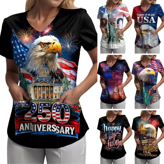 GEWSEY Patriotic Scrub Tops for Women 4th of July Flag Print V Neck Tee Short Sleeve Casual Tops Working Uniform (Gold, XL)