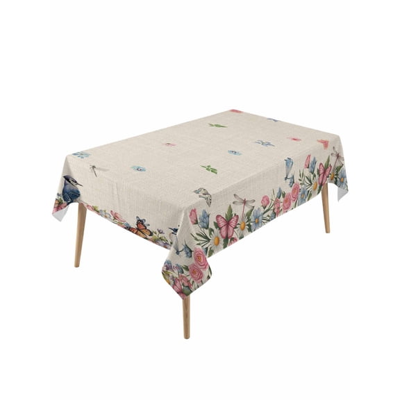 Spring Floral Birds Table Cloth, Waterproof Tablecloth for Rectangle Tables, Butterflies Daisy Farmhouse Flowers Reusable Washable Fabric Table Cover for Restaurant Kitchen Dining Tables 54"x108"