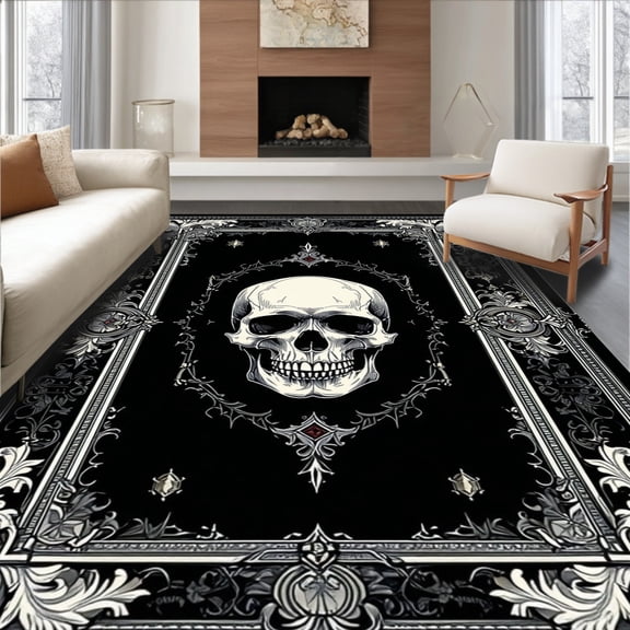 Flatwoven High Traffic Area Rug, Gothic inspired Dark Elegance Motif, Non Slip, Stain Resistant, Washable Area Rugs for Living Room, Bedroom(Black, 4X6)