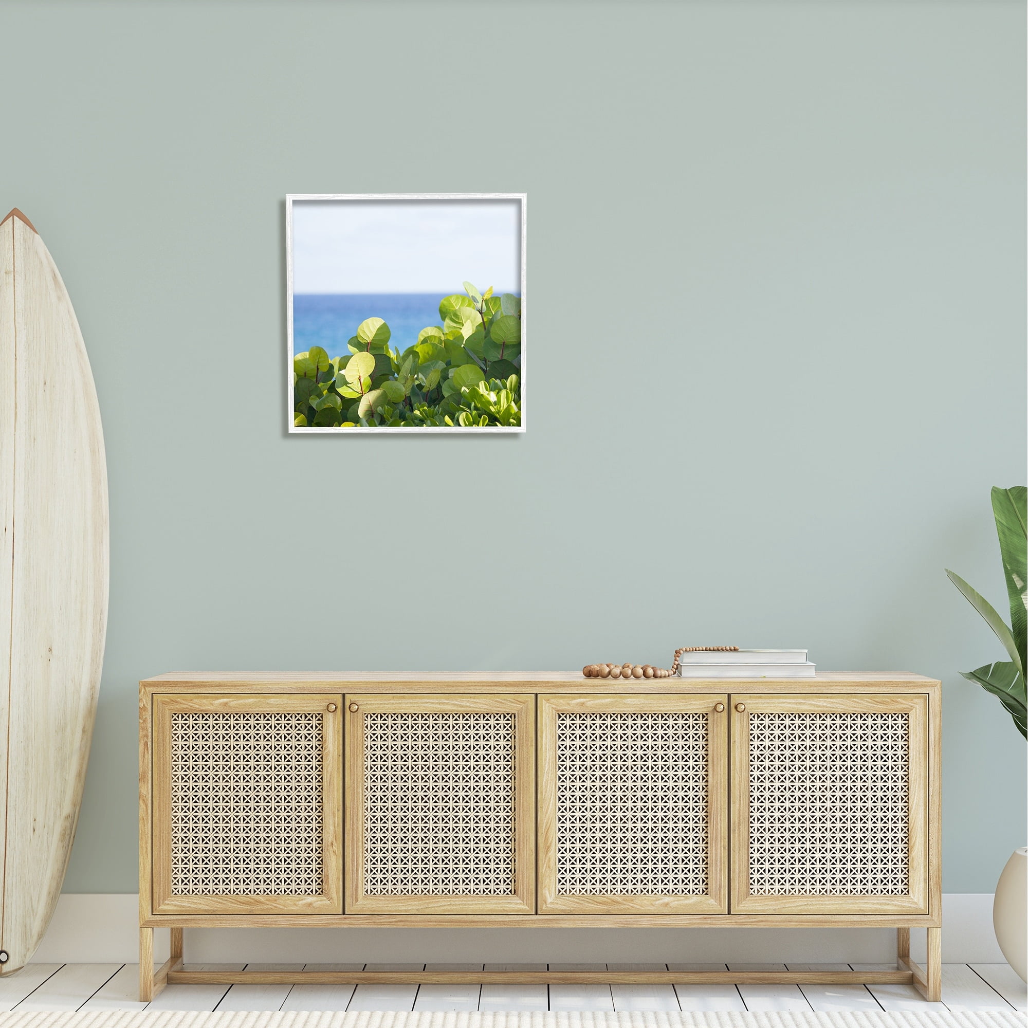 Stupell Industries Lush Greenery Plants Distant Beach Ocean Water Photograph White Framed Art Print Wall Art, Design by Michael Quackenbush
