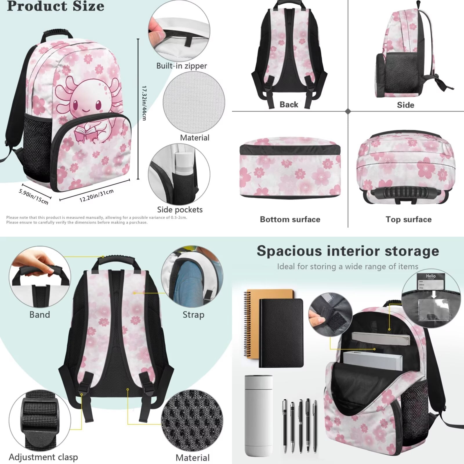 XYZCANDO Axolotl Kids Backpack Set for Girls 4Pcs with Lunch Bag Pencil Case Water Bottle Carrier Fashion Cherry Blossom Bookbag for Teens Girls Middle School