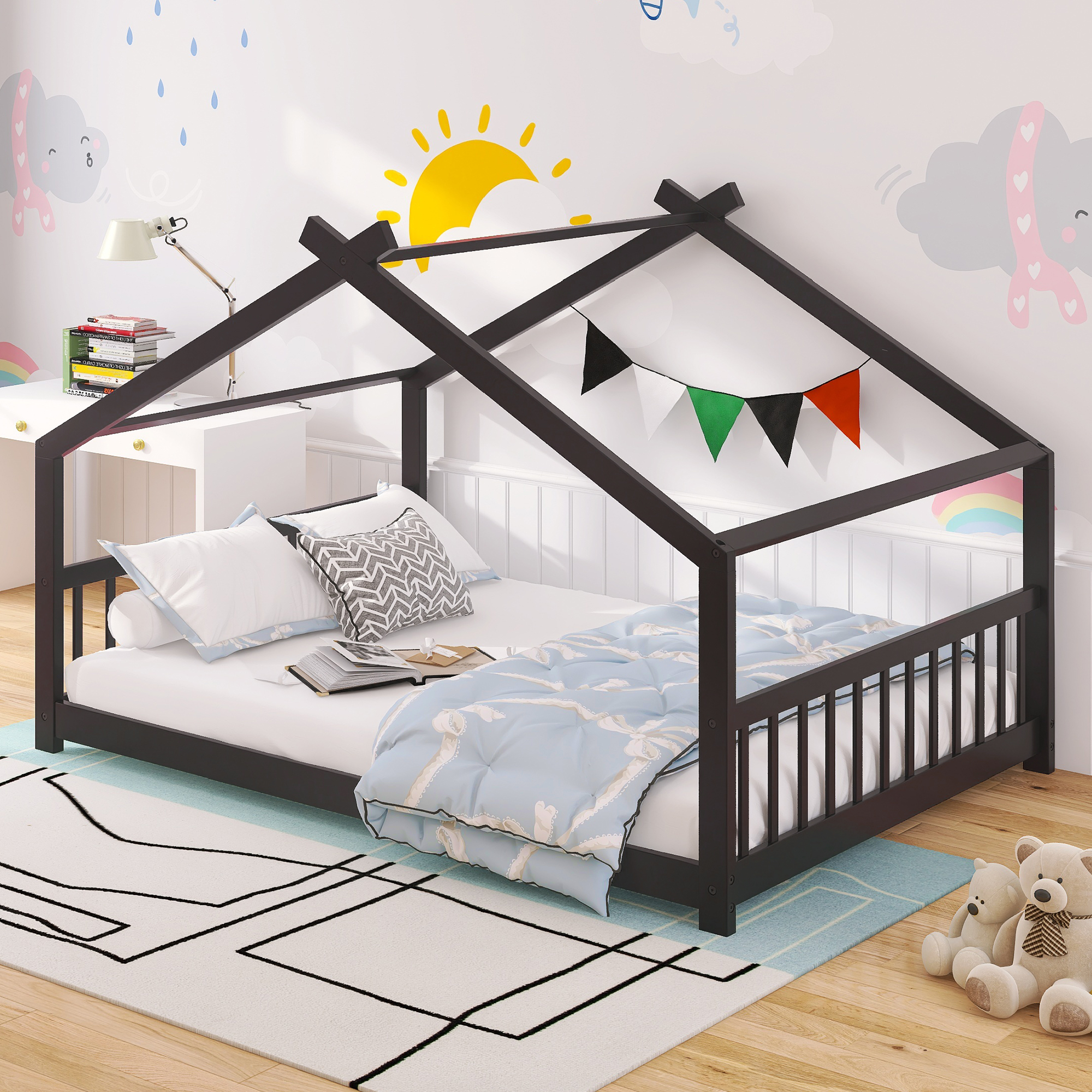 Nestfair Espresso Full Size House Bed Wood Bed for Kids
