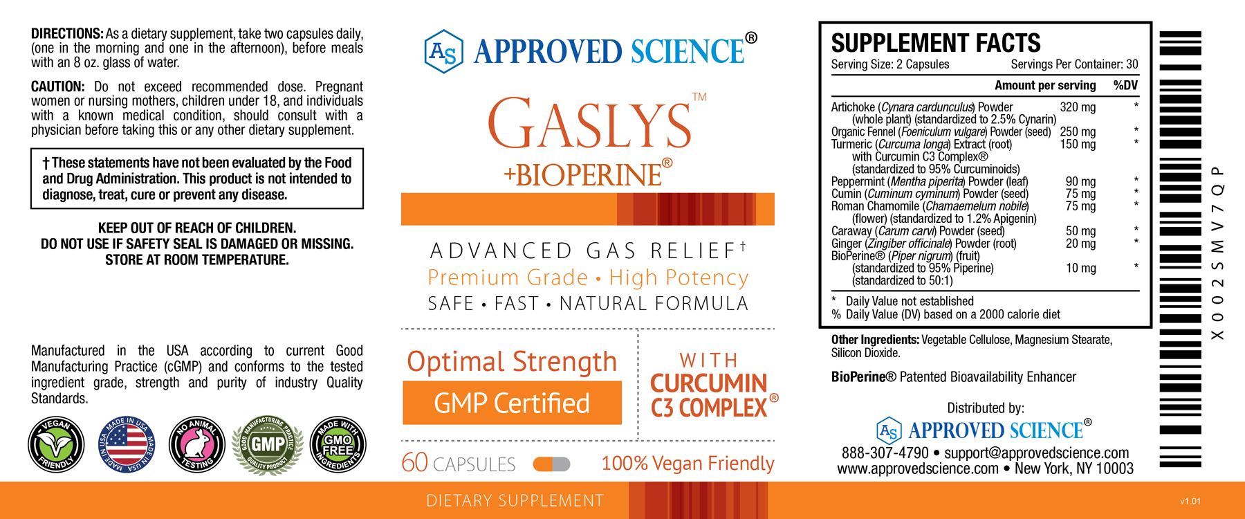 Approved Science Gaslys - Digestive Tract, Gas, and Stomach Supplement - with Artichoke Powder, Ginger, Fennel Seed - 180 Count - Pack of 1
