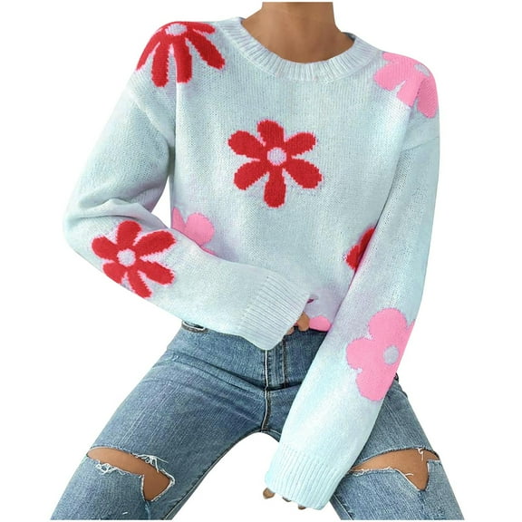 Byworldtasic Womens Sweaters Women's Floral Print Crewneck Cropped Sweater Trendy Long Sleeve Ribbed Knit Pullover Tops Blue