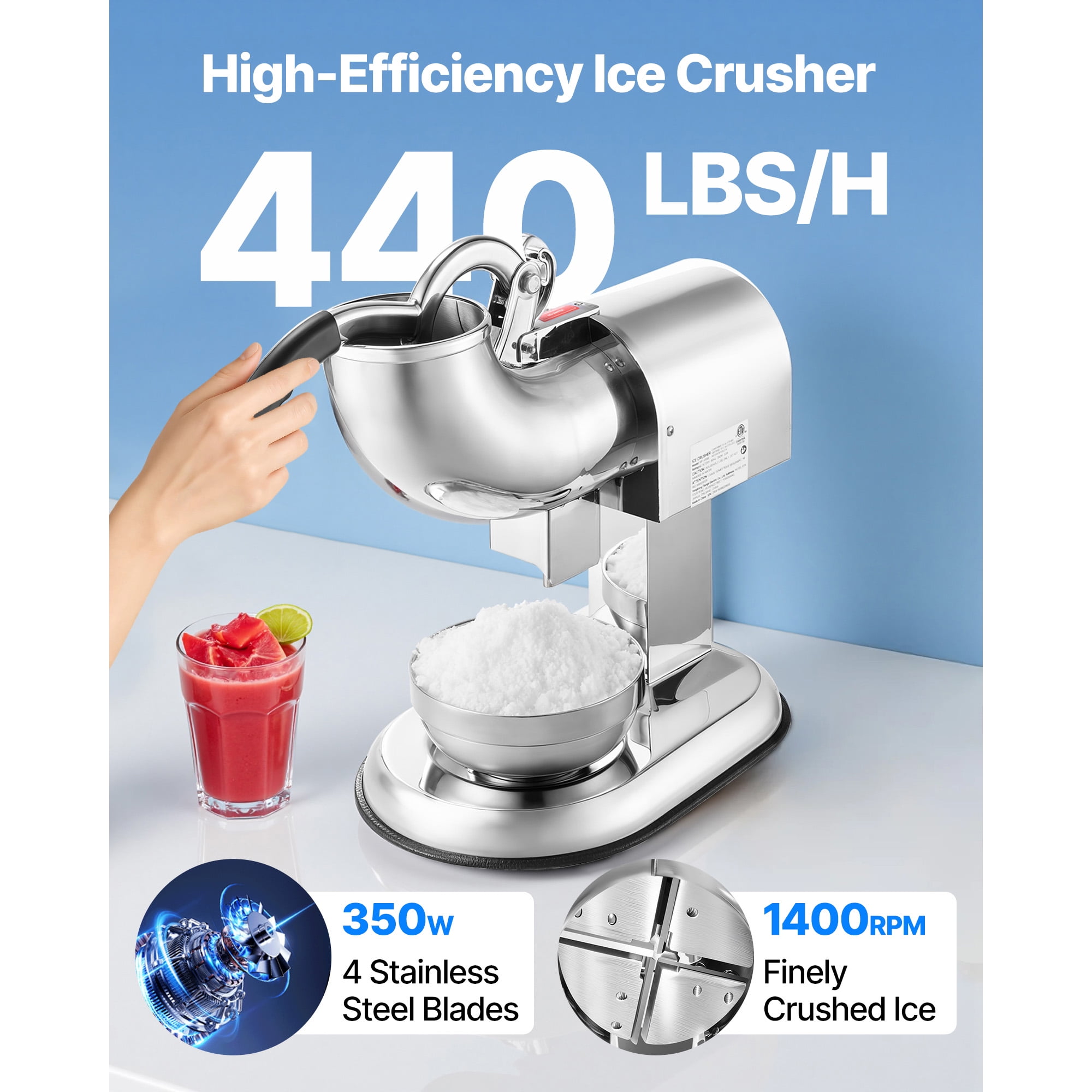 KFFKFF Electric Ice Crusher Machine, 440lbs/H Shaved Ice Maker with 4 Blades, Stainless Steel Design, 350W 1400RPM Snow Cone Machine for Home and Business Use, Includes Bowl and Cover, Silver