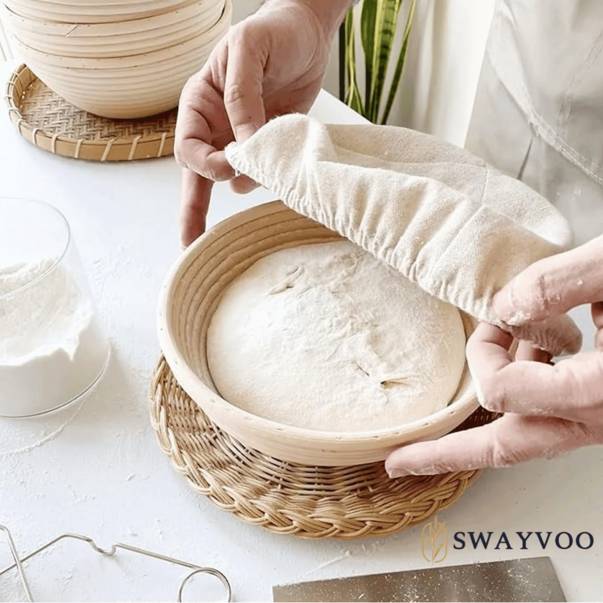 Swayvoo Banneton Bread Proofing Basket Set of 2, 9-Inch Round Rattan Baskets with Liners, Sourdough Baking Supplies