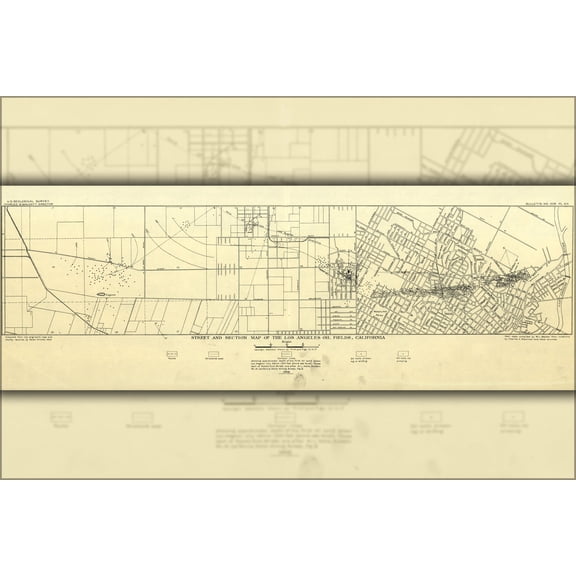 24"x36" Gallery Poster, map of Los Angeles oil fields, California 1906