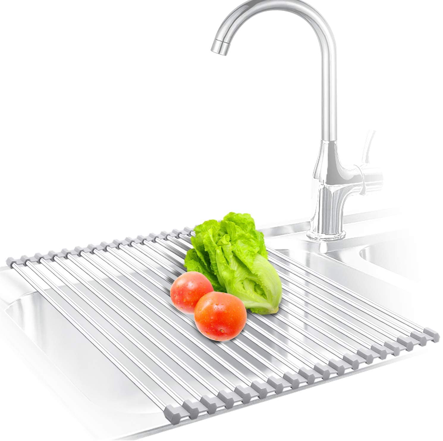 WEBI Over The Sink Dish Drying Rack,20.5'' Roll Up Over Sink Dish Rack,Folding  Dish Drainer,Wire Kitchen Utensil Draining Rack for Dishes,Kitchen,Pot,Pan,Grey
