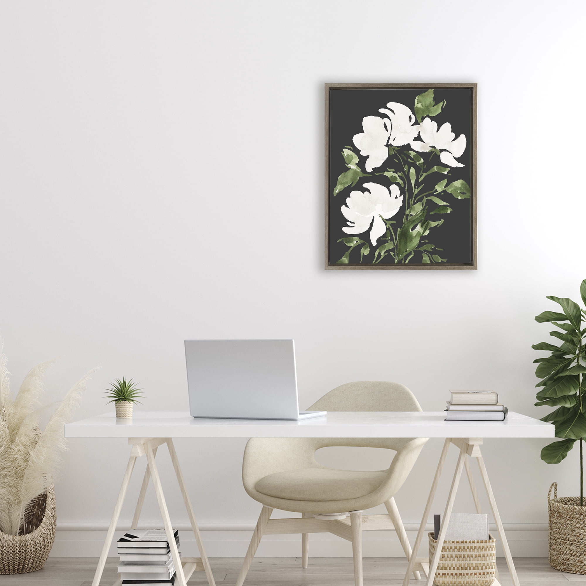 Stupell Industries White Over Black Floral Brown Framed Floater Canvas Wall Art, design by Lucille Price