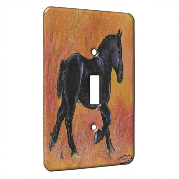 KuzmarK™ Single Gang Toggle Switch Wall Plate - Black Percheron Draft Horse in Autumn Trotting Horse Art by Denise Every