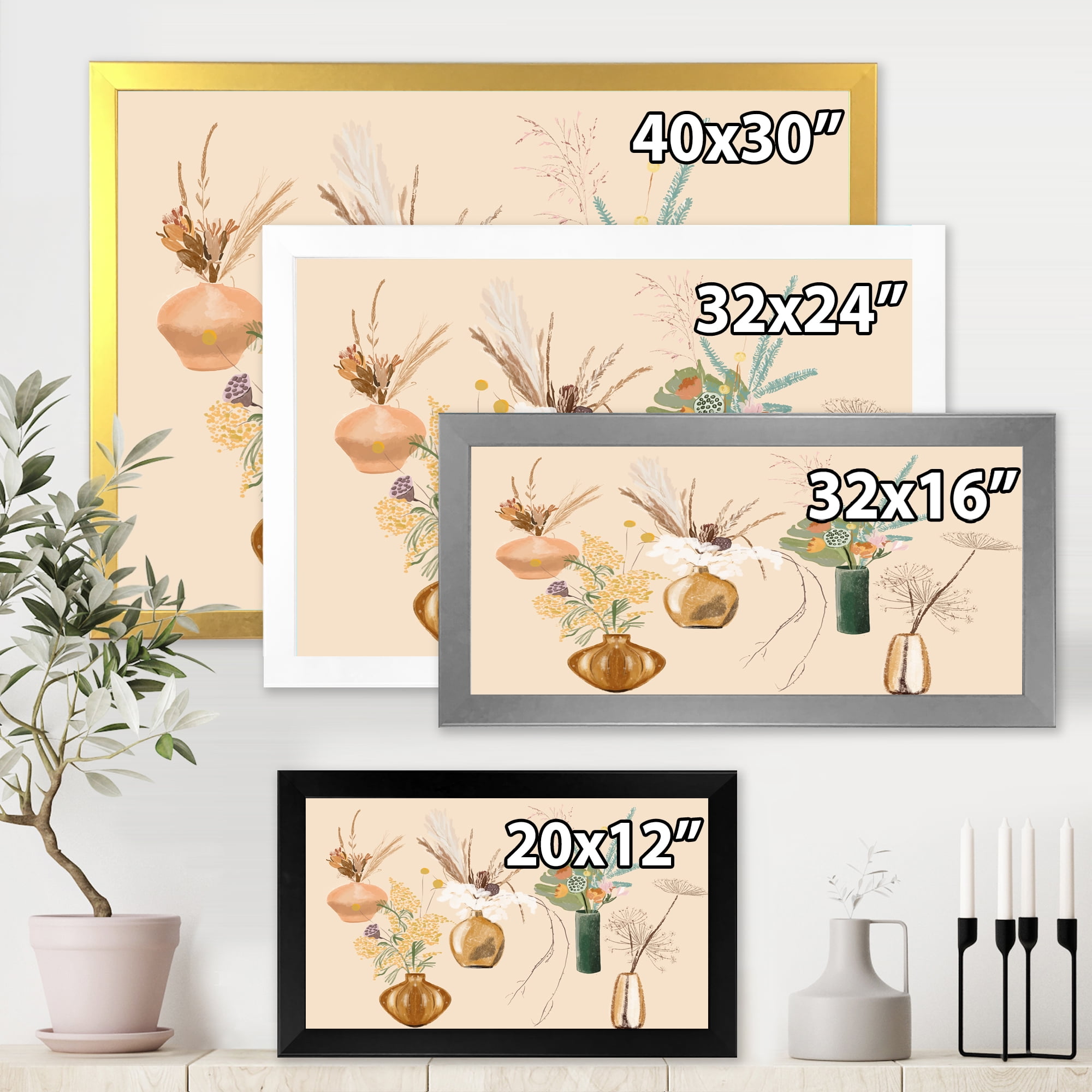 Designart 'Gold Vases With Bouquets Of Wildflowers III' Traditional Framed Art Print