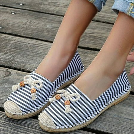 

Medcursor Women Casual Shoes Breathable Slip On Flats Bow Beaded Striped Canvas Straw Sole Leisure Sneakers