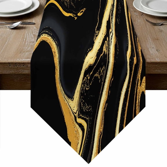 Table Runners 36 Inches Long, Black Gold Marble Cotton Linen Kitchen Dining Coffee Table Runner for Party Home Decor, Modern Geometric Textured Tabletop Dresser Scarves Runner Decor 13x36 Inch