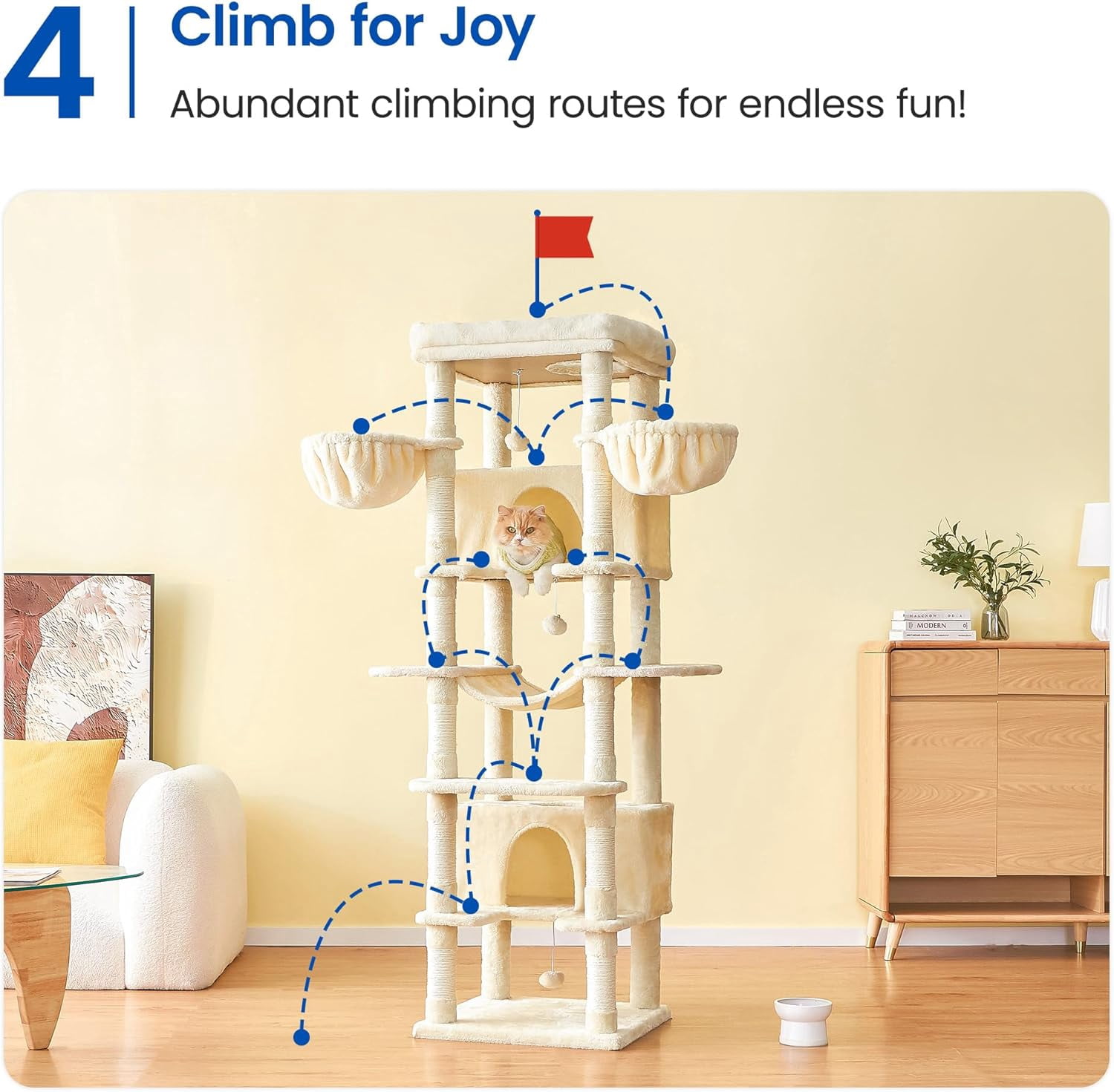 WSWJY Large Cat Tree, 67.7-Inch Tall Tower for Indoor Cats With 2 Condos, Multi-Level Stand With 3 Hammocks, Wide Perch, Scratching Posts, Dangling Toys, Beige
