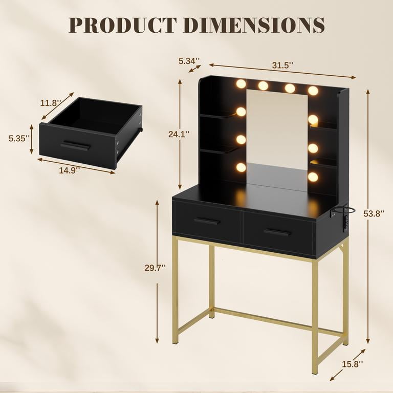 Lacoo Makeup Vanity with LED Lights & Charging Station, Vanity Set with 4 Shelves & 2 Storage Drawers, Vanity Table for Bedroom, Black