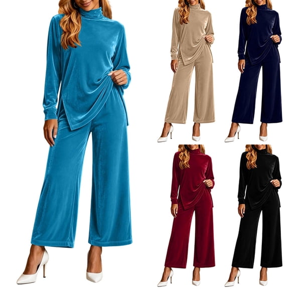 Women's Velvet 2 Piece Outfits Turtleneck Long Sleeve Side Slit Tunic Top and Wide Leg Pants Lounge Sets Fall Winter Tracksuit Dressy Holiday Party Outfit Red