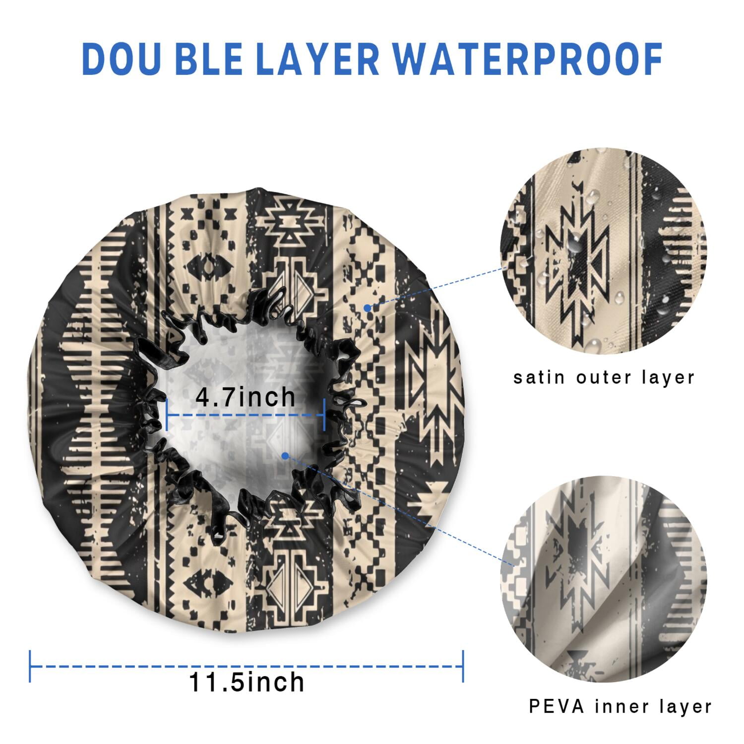 Shower Caps,Black Geometric Triangle Diamond Pattern Waterproof Shower Cap for Women 4 Pieces,Double Reusable Hair Cover for Shower PEVA Elastic Stretch Hem