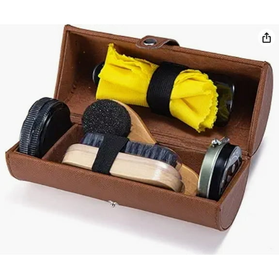 Shoe Polish Kit Cleaning Shine Care Barrel Set For Brown Black Leather With Brush Travel Case Luxury Premium Soft Horsehair Bristle Dauber, Wooden Applicator, Shoehorn, Cloth 7 Piece
