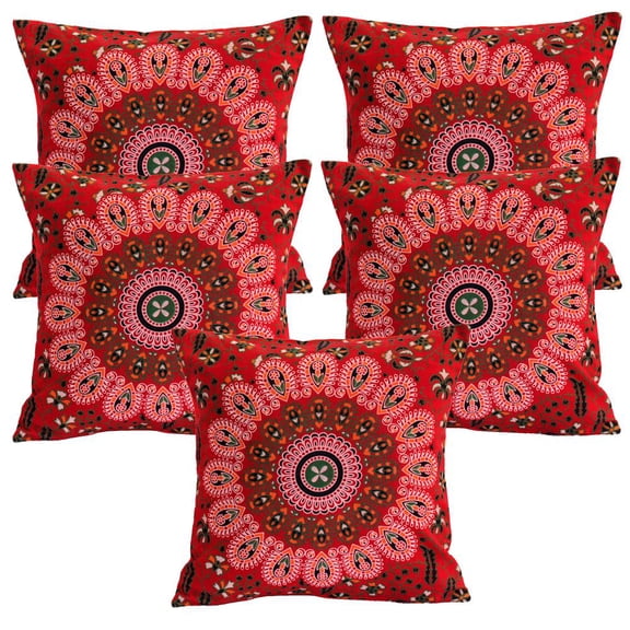 Stylo Culture Ethnic Settee Sofa Throw Pillow Covers 16 x 16 Peacock Eye Printed Dark Red Green Traditional 40 x 40 cm Home Decor Cotton Mandala Square Cushion Covers | Set Of 5