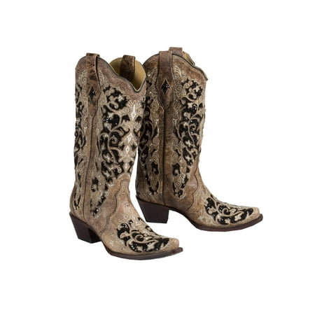 

Corral Brown Inlay Floral Embroidery and Studs Boots 7