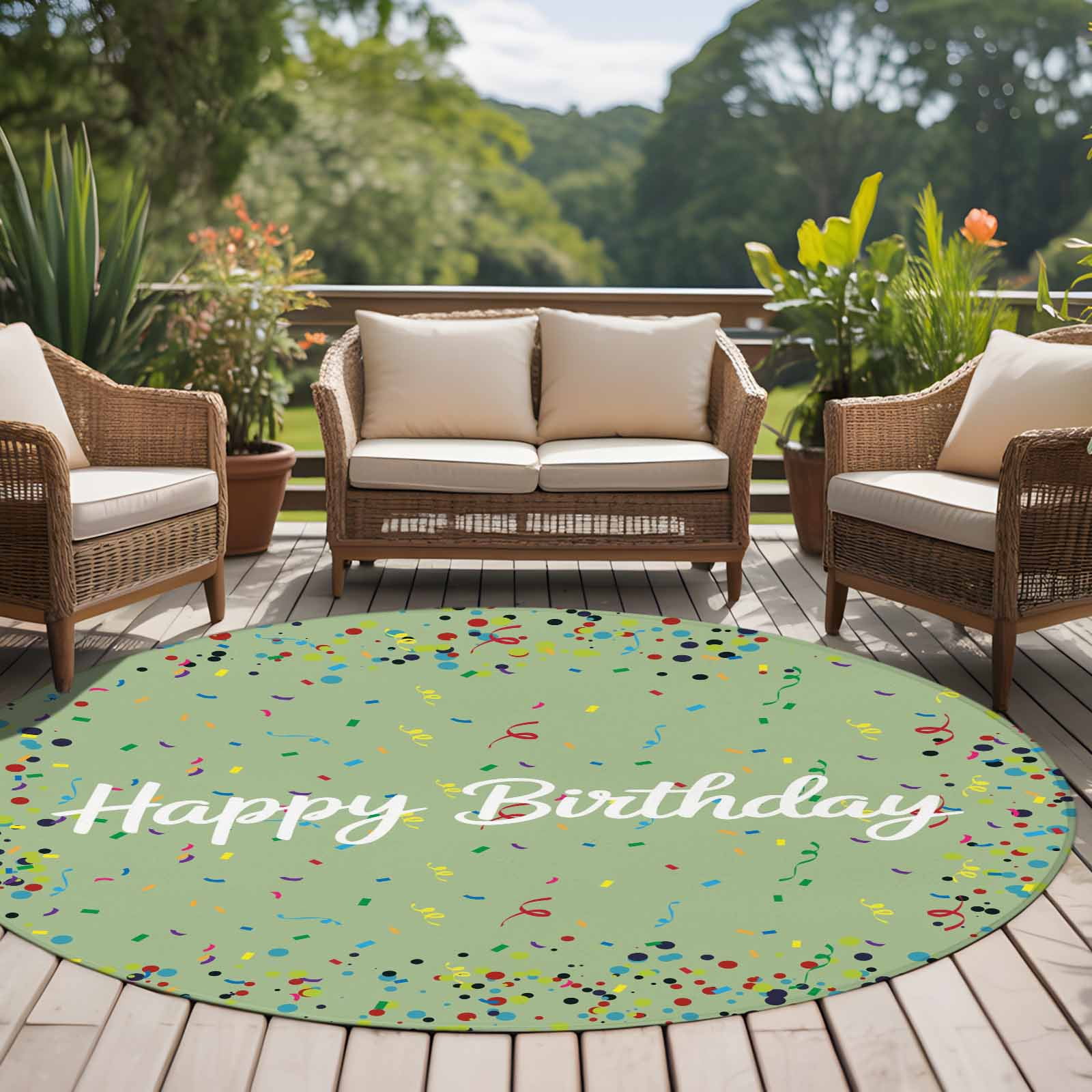 Happy Birthday Large Area Rugs for Bedroom Living Room, Soft Non Slip Carpet Bedside Rug, Sage Green Modern Abstract Art Round Floor Cover Kitchen Accent Rug 8' for Dining Room/Office