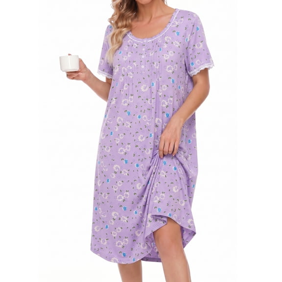 Avidlove Nightgowns for Women Button Front Henley Neck House Dress Short Sleeve Soft Pajamas Dress Sleepwear