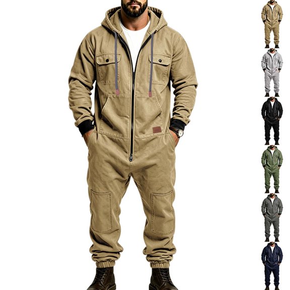Miqool Mens Hooded Zip Up Cargo Jumpsuits Long Sleeve Casual Trendy Jogger Rompers with Multi Pockets
