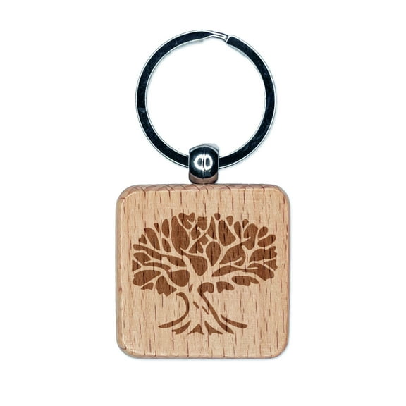 Tree with Exposed Branches and Leaves Square Keychain Charm Tag - Engraved Wood
