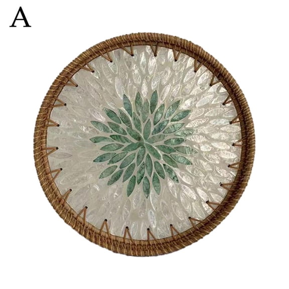SXCRFKXH Round Rattan Tray 30cm, Rattan and Shell Mosaic Serving Tray, Rustic Table Trays Hand Woven Rattan Trays for Storage Display Coffee Bread Fruit Snack Breakfest