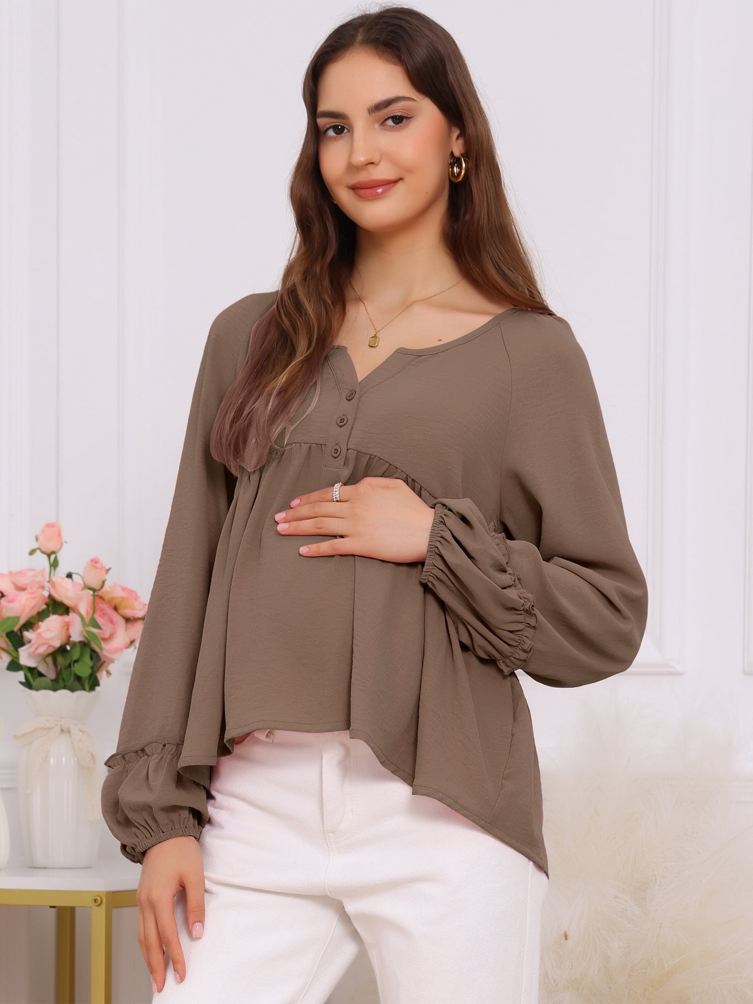 DARING DIVA Women's Maternity Empire Waist Babydoll Lantern Sleeve Blouse 2XL Brown
