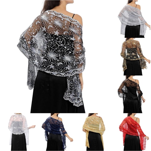 HNMKIU Wraps Women Sequins Moon Scarves Evening Dress Shawls Elegant Glitter Wrap Stole Accessory for Party Wedding Grey,One Size