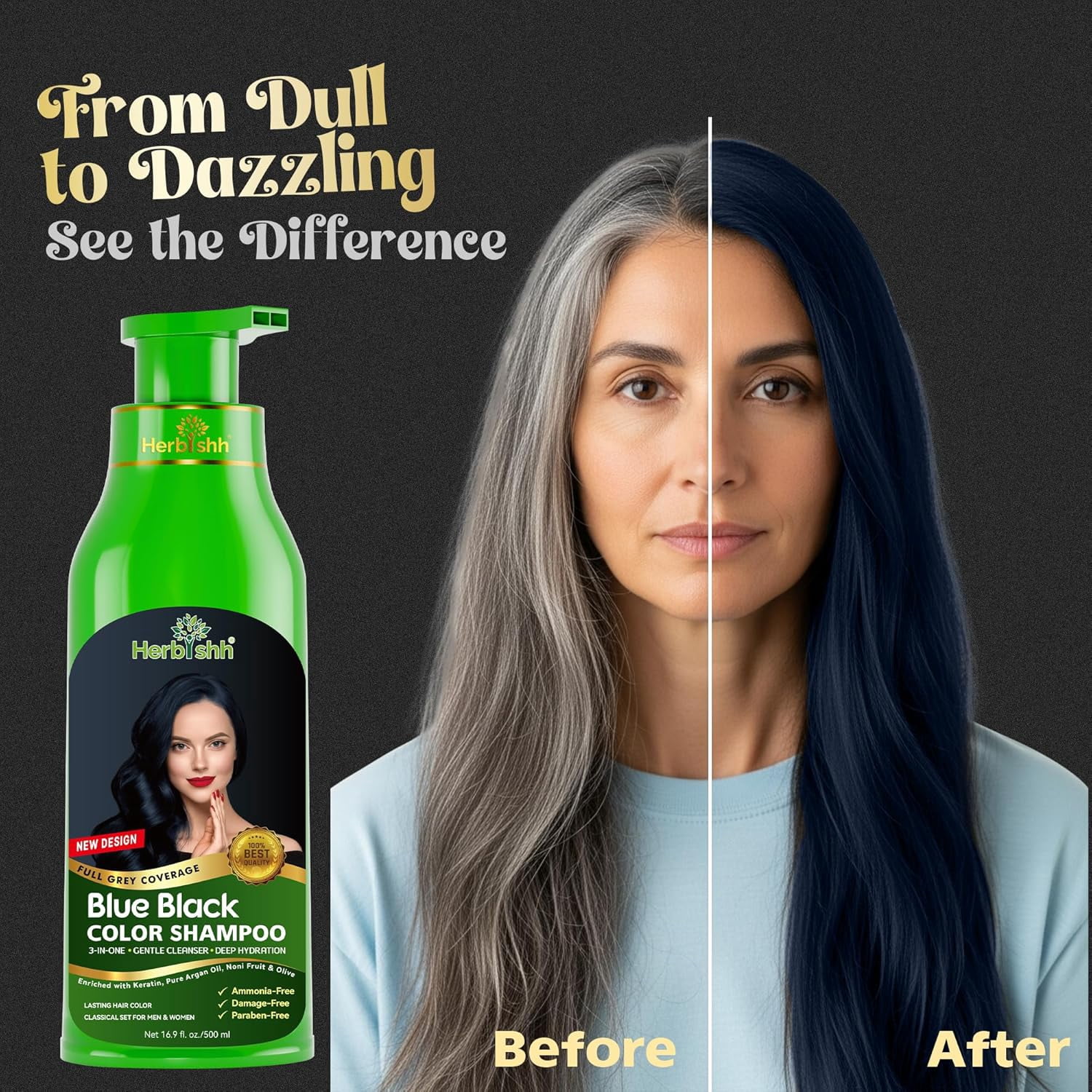 Herbishh Blue Black Hair Dye Shampoo 500ml, Color Shampoo for Grey Hair, 3-in-1 Natural Hair Dye, Ammonia-Free Formula, Hair Color for Women & Men