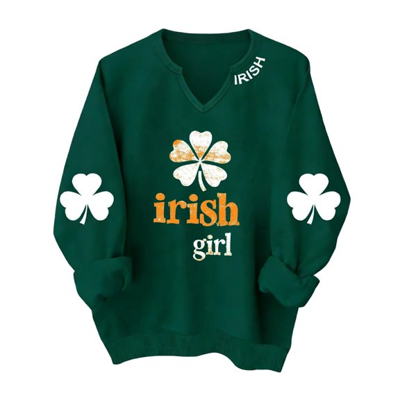 MAIHAN St Patricks Day Shirt Women Knit Pullover,Festive Shamrock Print Crewneck Long Sleeve Top,Soft Stretch Casual Sweater(#01Green,XXXXXL)