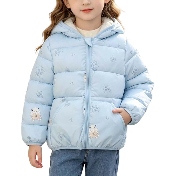 Fnooota Girls Puffer Jackets Size 5 T, Zipper Warm Long Sleeve Fashion Winter Outerwear with Pockets Light Blue