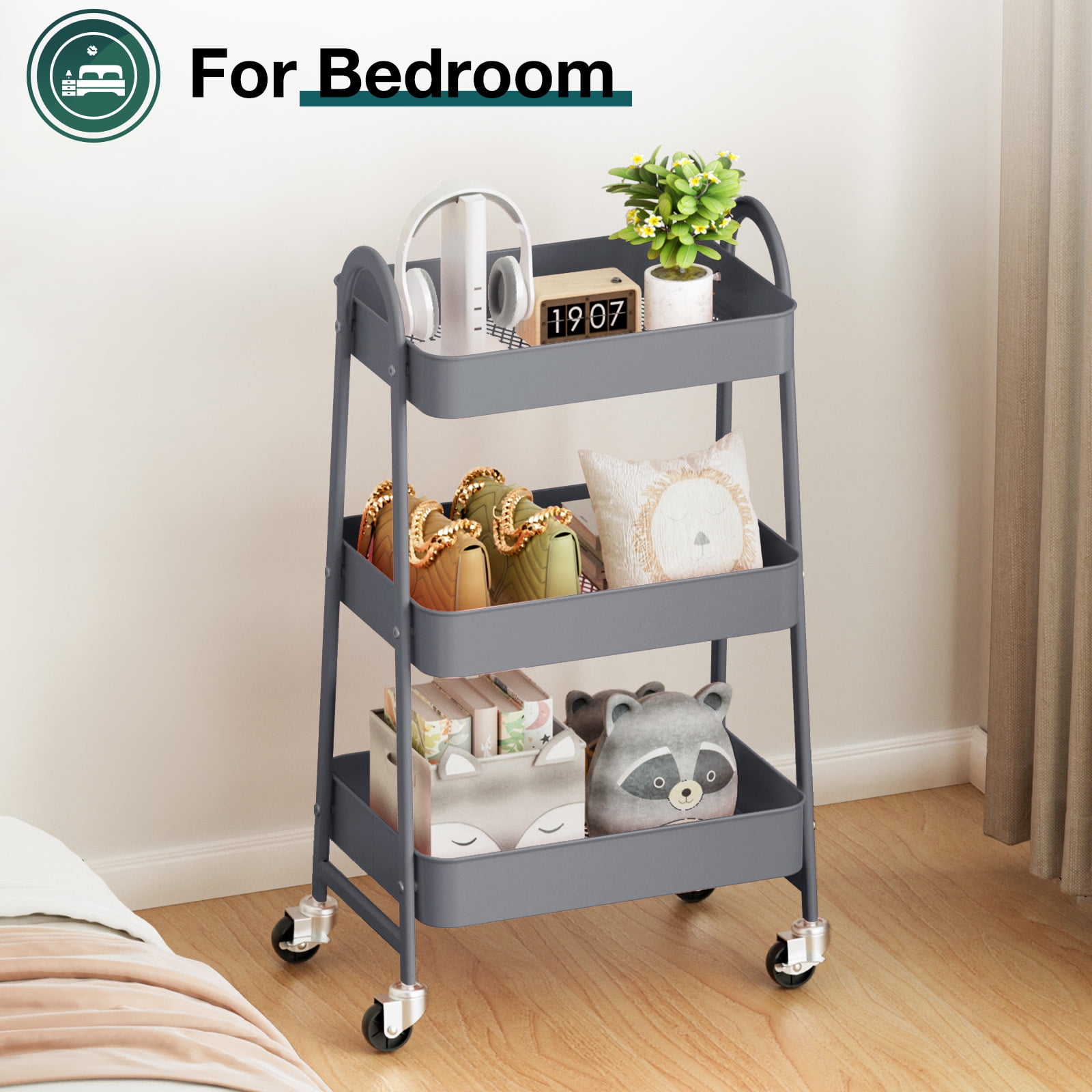 ZUNMOS 3 Tier Rolling Cart, Metal Utility Storage Cart with Lockable Wheels for Livingroom, Bathroom, Kitchen & Narrow Spaces,Gray