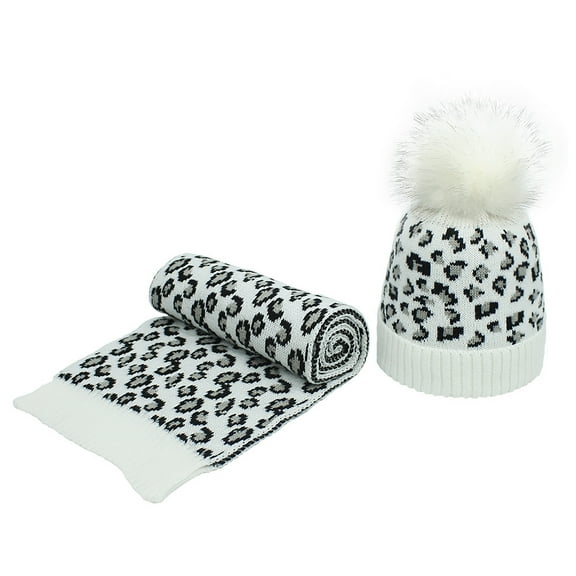Aoochasliy Winter Scarfs Unisex Solid Color Leopard Print Knitted Warm Scarf Hat Two-piece Set