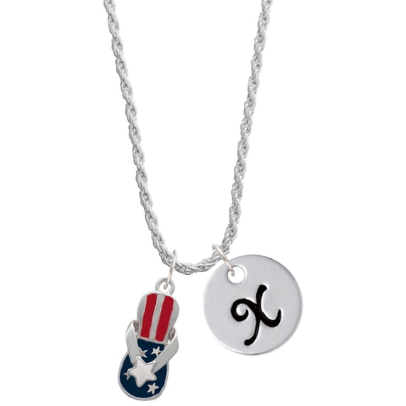 Delight Jewelry Silvertone USA Patriotic Flip Flop with White Star Silvertone Script Initial Disc - X - Charm Necklace, 20"+3"