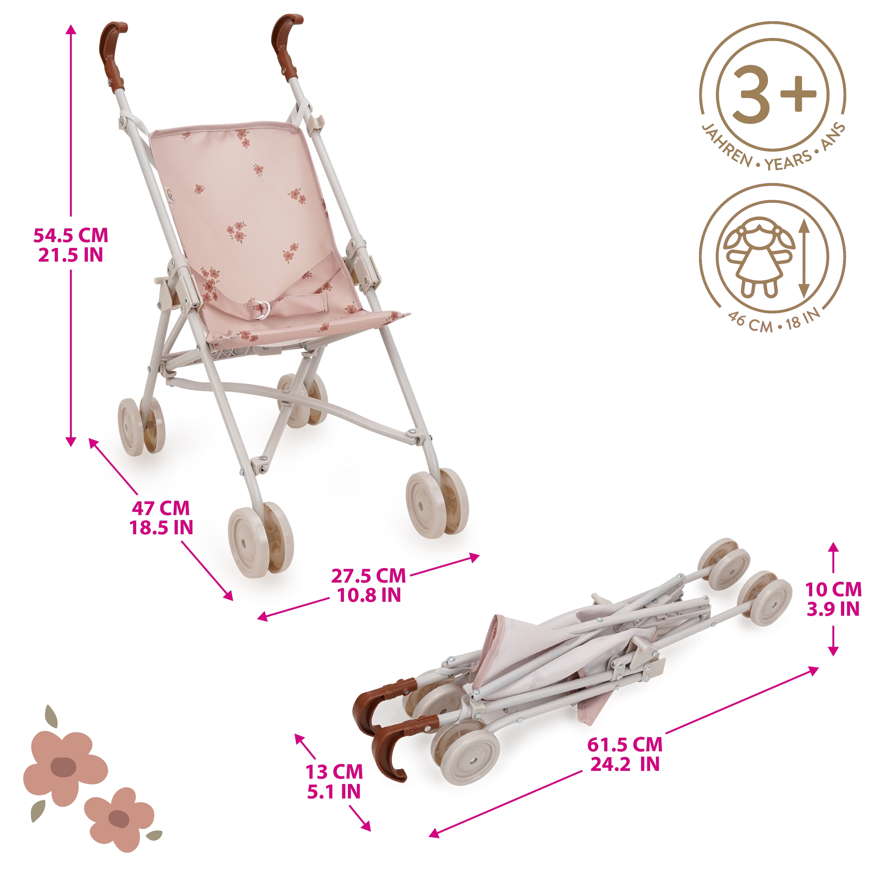 Poussette-canne pour poupée 509 Crew - Poussette pour enfants, facile à plier, à ranger et à transporter, convient aux poupées jusqu'à 46 cm, à partir de 3 ans, couleur Beige Flora Ballet