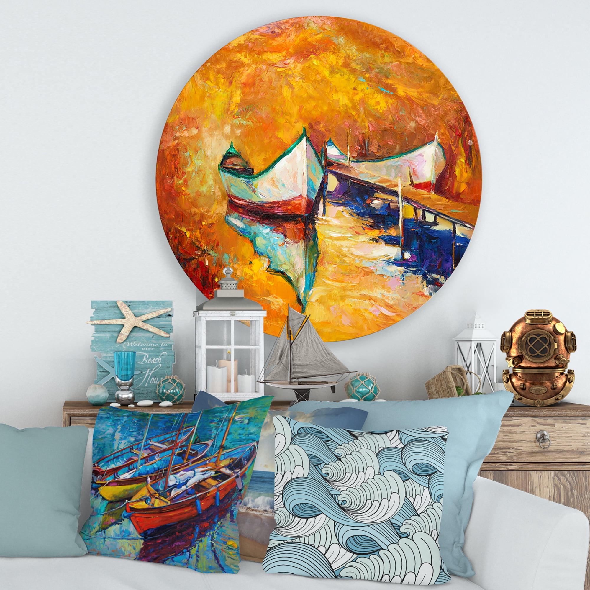 Designart 'Little Boat During Warm and Orange Evening' Nautical & Coastal Circle Metal Wall Art 36x36 - Disc of 36
