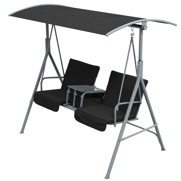 Black 2-Person Outdoor Porch Swing with Canopy & Table - Patio Swing Chair for Garden, Backyard, Poolside Relaxation - Steel Frame, 69" x 45.8"