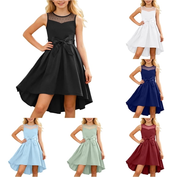 FYDUU Girls Dresses Sleeveless Mesh Party Dress with Bow Belt Formal Flower Girl Dress Elegant Casual A-Line Midi Sundress 9-10 Years