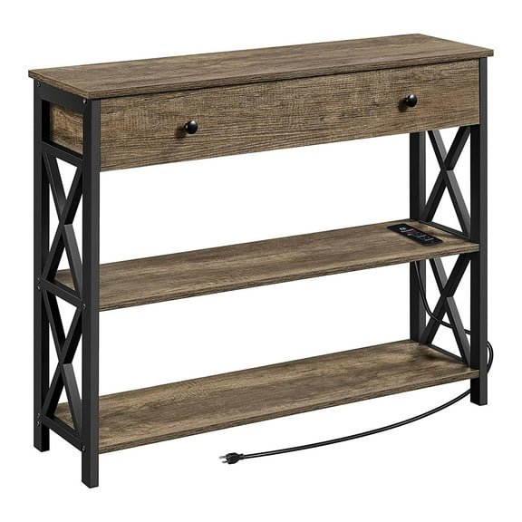 40 Inch Console Table with 2 Outlets and 2 USB Ports, Extra Long Entryway Table with Drawer and X-Shaped Design, Narrow Sofa Table for Living Room and Hallway