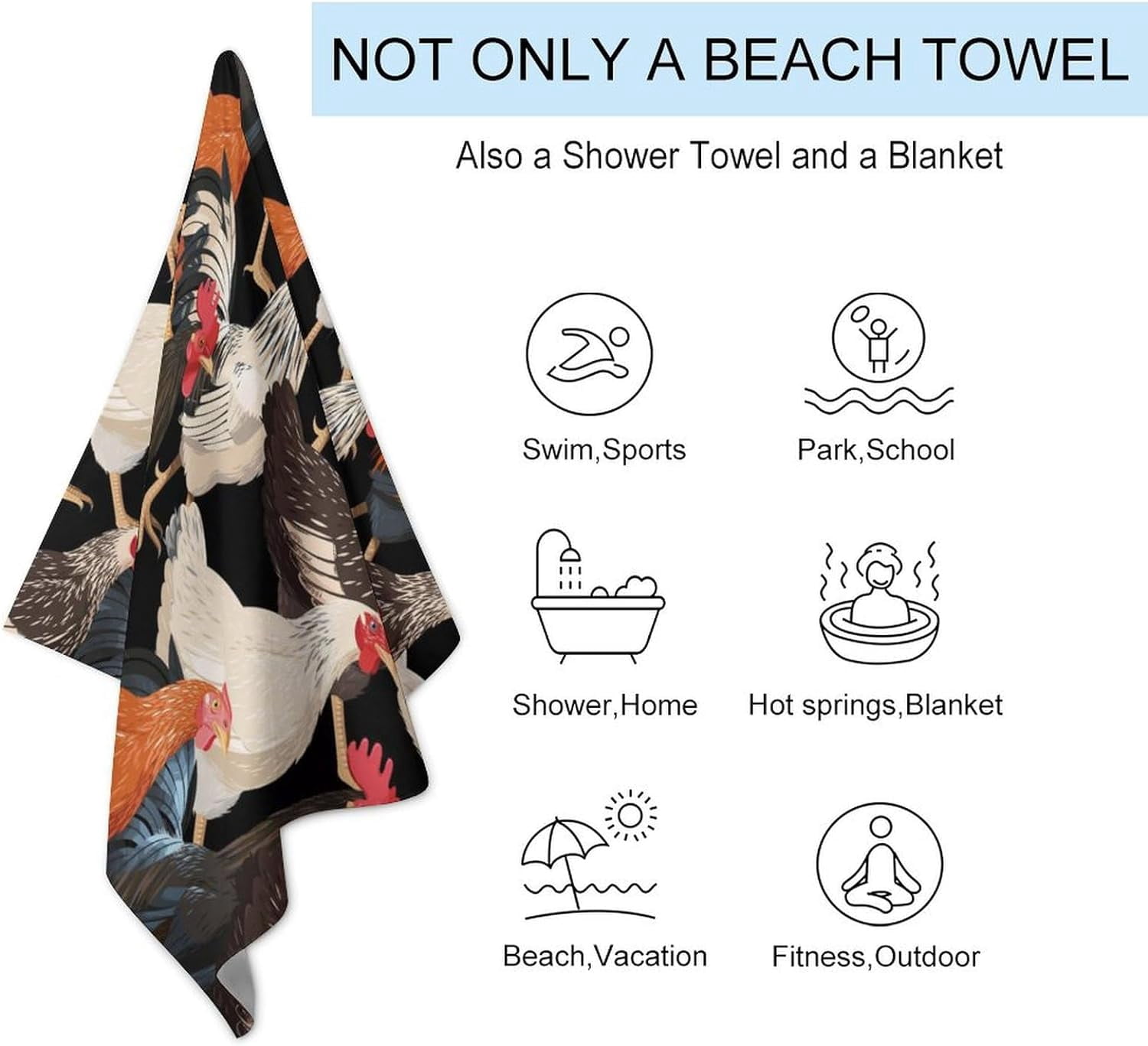 Beach Towel 31x51 Inch, Luxury for Chicken Hens Rooster Bath Towel, Yoga Towel, Travel Towel, Camping Towel, Gym Towel, Pool Towels, On Beach Cart, Beach Chairs