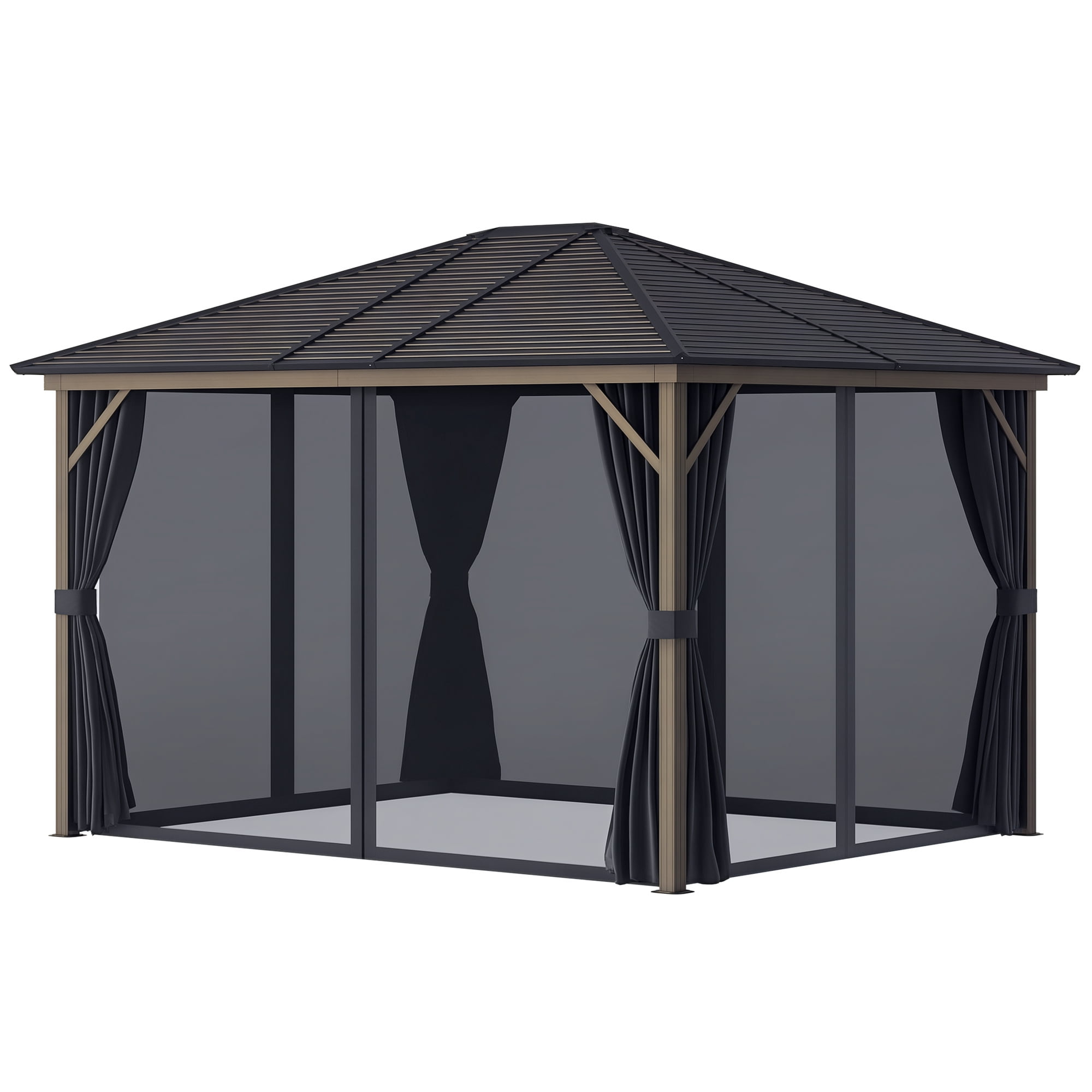 Outsunny 10' x 12' Hardtop Gazebo with Curtains and Netting, Gazebo Canopy with Aluminum Frame and Hooks, Dark Gray