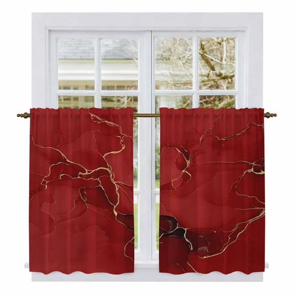 Red Marble Texture Tier Curtains, Vintage Minimalism Abstract Ombre Art Light Filtering Kitchen Curtains, 2Pcs Rod Pocket Half Window Treatments Panels for Sink Cafe Cabinet Basement 27.5x45 Inches