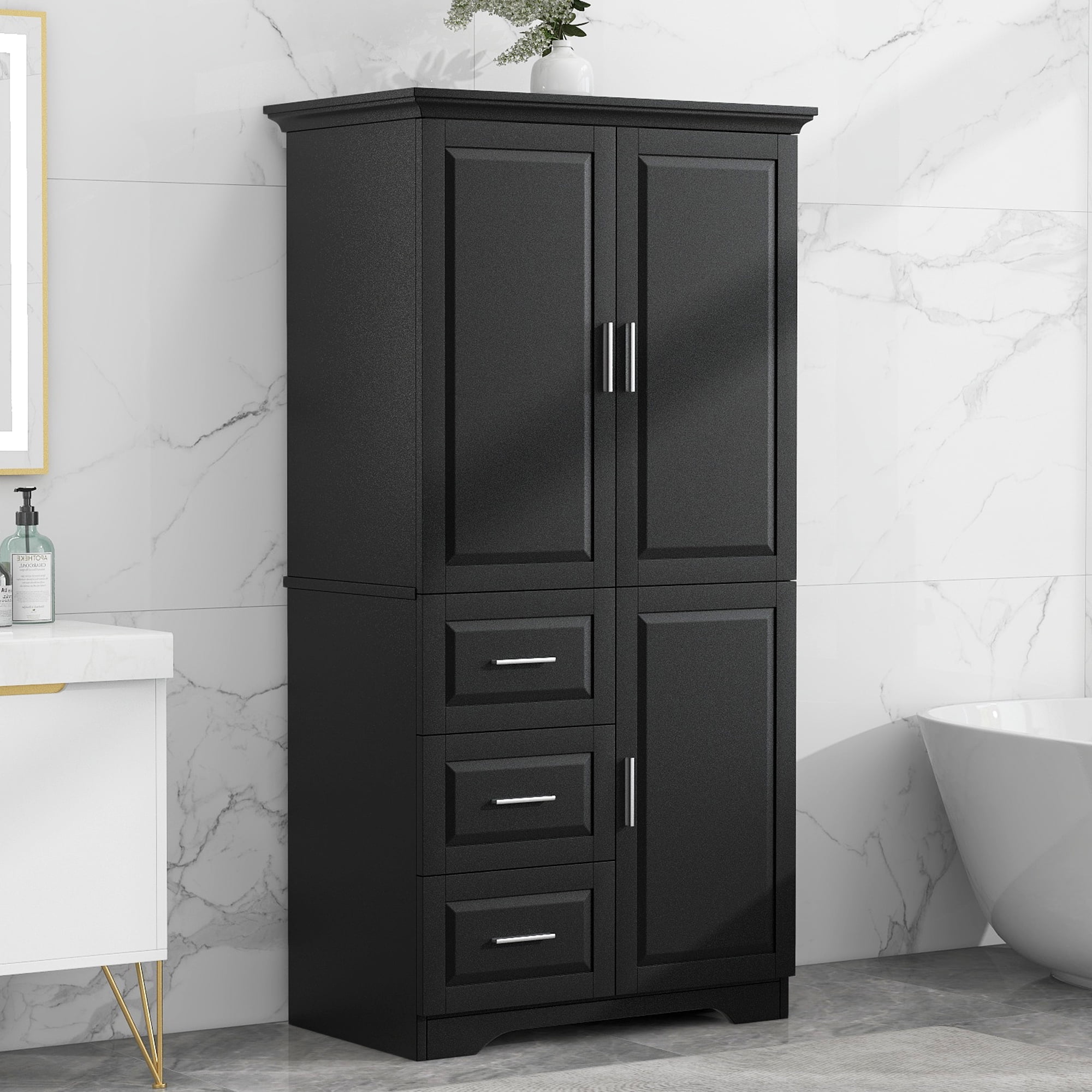 Harper & Bright Designs Tall and Wide Bathroom Storage Cabinet with Drawers and Doors, Modern Bathroom Floor Storage Cabinet with Shelf, Black