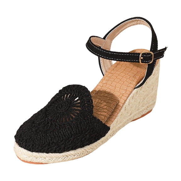 Rokment Boho Braided Sunflower Espadrilles Wedges Dress Sandals for Women Beach Summer Vacation Casual Crochet Closed Toe Platform High Heels Black Size6