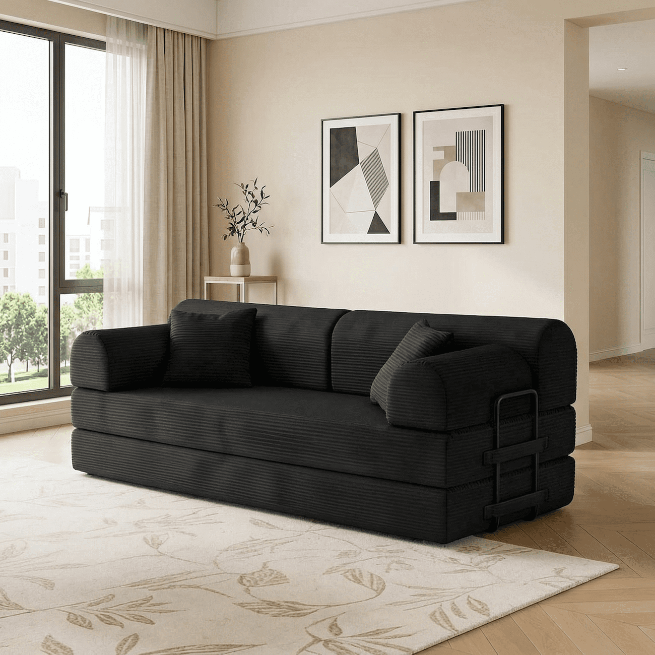 Futon Sofa Bed, 4‑in‑1 Convertible Sofa Bed, Folding Boneless Couches for Living Room, Modular Corduroy Sleeper Loveseat with Pull-Out Bed, No Assembly, Small Space Apartment Couch (Black)