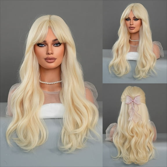 Golden Blonde Cosplay Wig - Long Curly 23.6 Inch Synthetic Hair with Curly Bangs & Free Hair Net